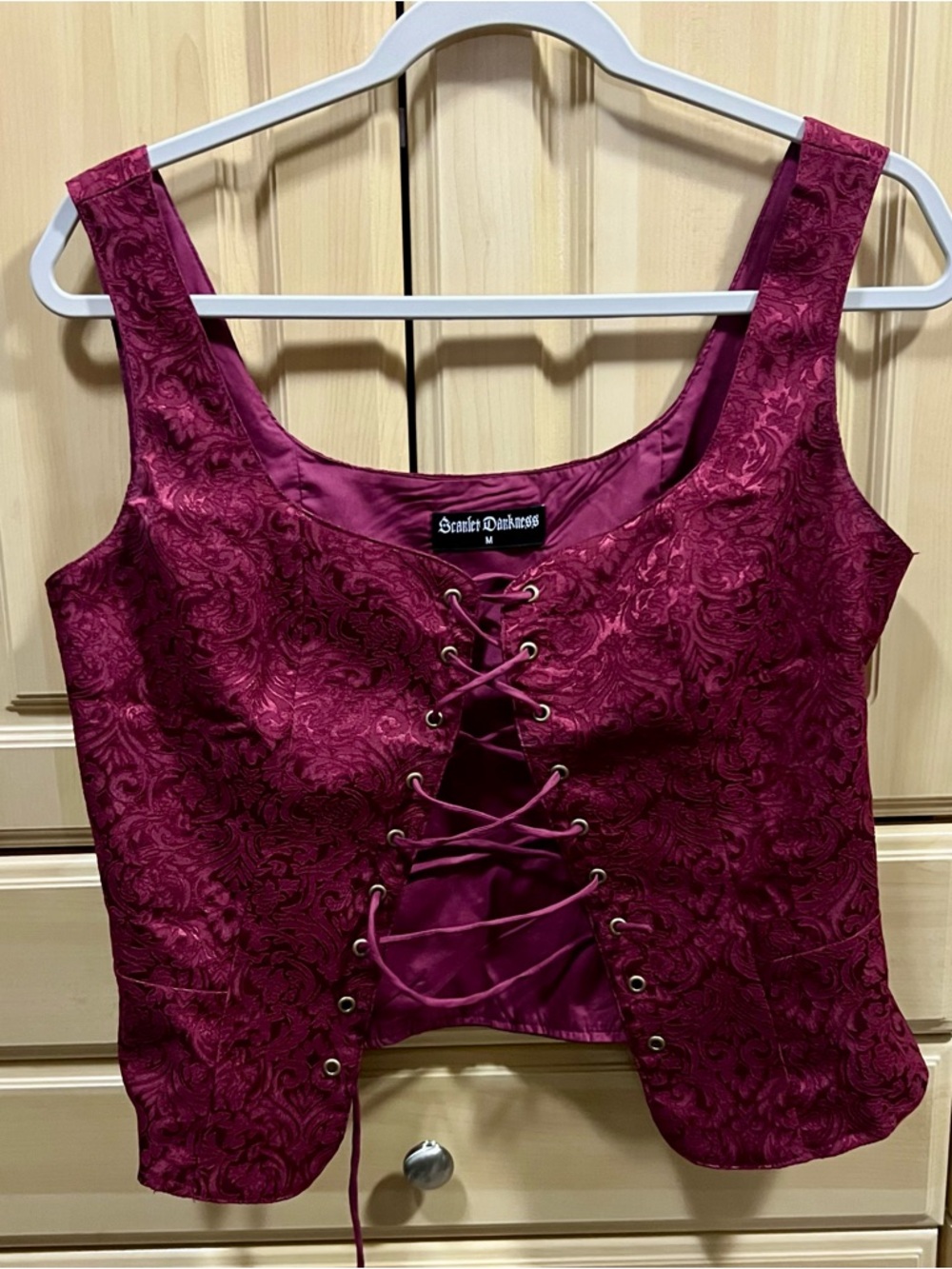 Scarlet Darkness Wine Brocade Lace-Up Crop Top